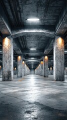 Obraz premium Concrete parking garage with illuminated columns creating a dramatic atmosphere in an urban setting