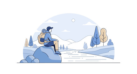 Lone Hiker Enjoying Serene Mountain Vista After Challenging Trek Graphic Scene
