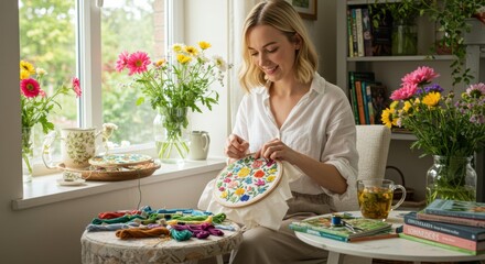 Creative embroidery session cozy home studio crafting activity natural light intimate view relaxation and art