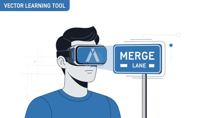 Man Experiences Virtual Reality Learning with Simulation Merge Lane Training
