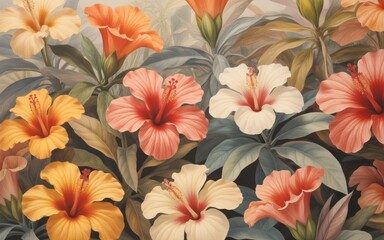 A vibrant watercolor painting of various hibiscus flowers in full bloom, showcasing diverse colors and lush foliage