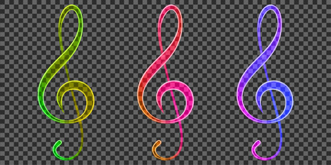 3d neon glass transparent treble clef. Holographic music icon for design. Stock vector illustration on isolated background.	
