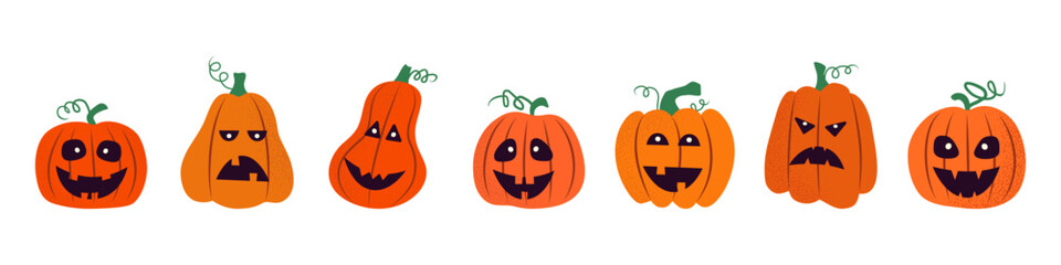 Set of funny pumpkins for decoration Happy Halloween. Textured effect. Flat vector illustration. Bold choice for albums, cards, posters, festival themes, stickers