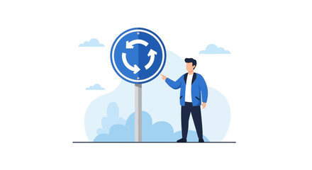 Man Indicates Roundabout Road Sign For Safe Circular Junction Driving Concept