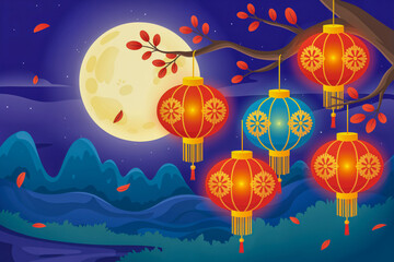 Colorful lanterns illuminate night sky with full moon and mountains in autumn scene