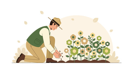 Man Kneeling Sowing Seeds For Cultivating Flowers in Garden During Springtime