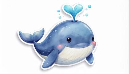 Adorable cartoon baby whale with a heart-shaped water spout, a cute and loving marine animal illustration isolated on a white background.