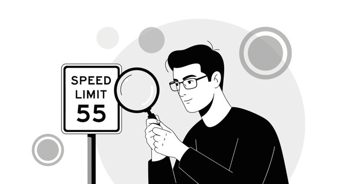 Man Looks At Speed Limit Sign With Magnifying Glass Carefully Analyze Rules