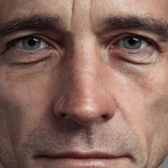 Fototapeta premium Male Face With Under-Eye Dark Circles Combined With Mild Puffiness. Skin Texture Is Hyper-Detailed With Visible Fine Lines And Natural Color Variations. Soft Daylight Enhances Shadow