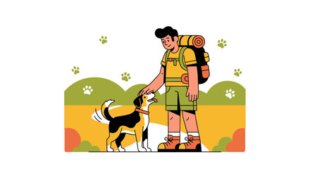 Man And Dog Hiking Together In The Countryside Enjoying The Journey Outdoors