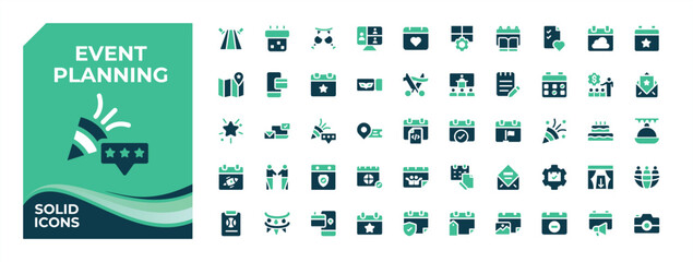 Event Planning colorful solid icon set. Pictograms of decoration, event, wedding, festival, conference, meeting and more. Solid symbol and sign. Party icon.