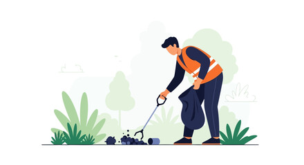 Man cleaning up litter in the park to protect the environment and community