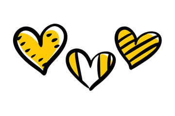 Vector hand-drawn childlike doodle heart icon set. Black stroke on white background.
