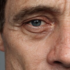 Fototapeta premium Adult Male Face With Under-Eye Dark Circles Combined With Mild Puffiness. Skin Texture Is Hyper-Detailed With Visible Fine Lines And Natural Color Variations. Soft Daylight Enhances Shadow