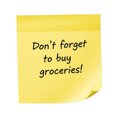 Illustration of yellow sticky note with a reminder to buy groceries isolated on transparent background