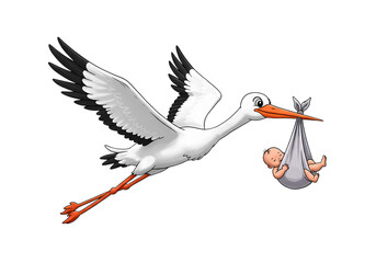 Cartoon Stork Delivering a Baby A whimsical illustration of a stork in flight carrying a swaddled infant Suitable for announcements greeting cards or childrens media on transparent background