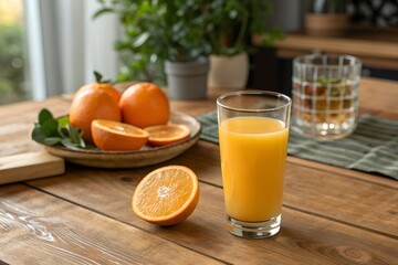 Fototapeta premium Orange juice with oranges on a wooden table