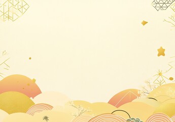 Obraz premium A light yellow background with Japanese patterns and golden circles at the bottom