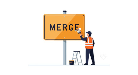 Man Refurbishing Merge Sign Symbolizing Corporate Acquisition Strategy And Consolidation