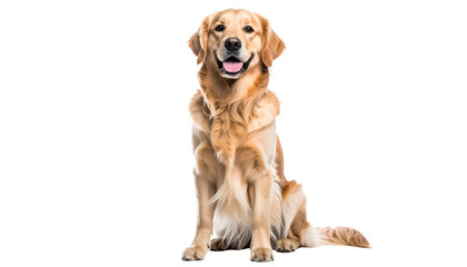 Golden retriever dog sitting and looking forward, isolated on transparent background, full body