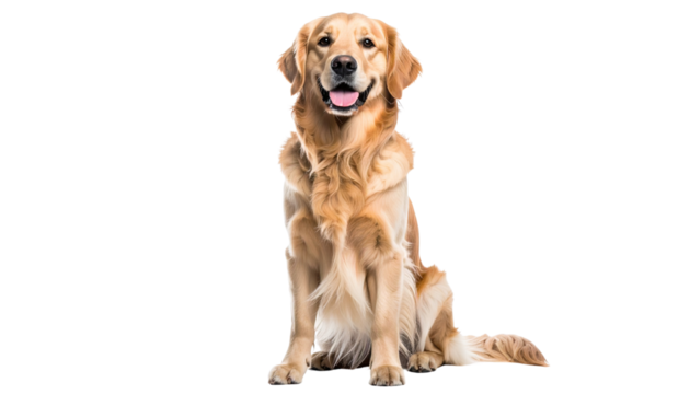 Golden retriever dog sitting and looking forward, isolated on transparent background, full body
