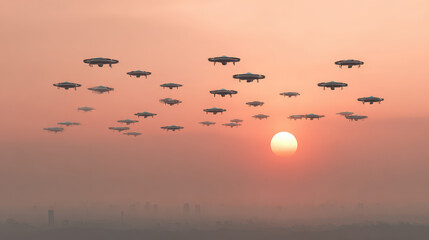 futuristic landscape featuring unmanned drones and robots against magnificent sunset backdrop