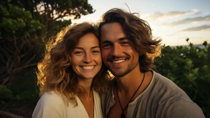 A smiling couple captures a joyful moment while appreciating a vibrant sunset on a beach. Their happiness radiates against a backdrop of lush greenery and soft golden light