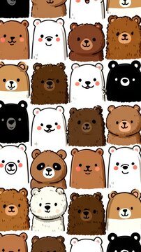 Colorful cartoon bears pattern showcasing various bear species in a playful arrangement on a white background suitable for children's decor