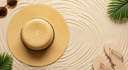 Summer Vacation Concept Beach Accessories Hat Flip Flops Sunglasses Sand