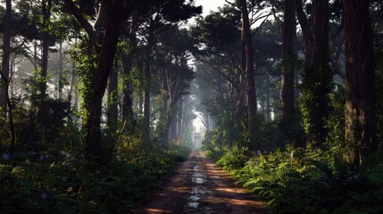 Obraz premium A serene forest scene captures the interplay of light and shadow, with tall trees creating a natural tunnel and lush greenery adding depth to the tranquil environment.