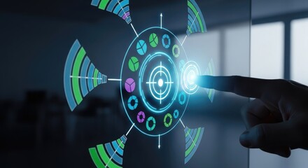 Futuristic Technology Interface Displayed on Transparent Screen with Finger Touching Interactive Element High Tech Design and Data Visualization