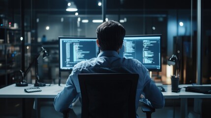 Fototapeta premium Focused programmer working late on coding project with dual monitors in office