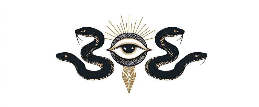 A logo with two black snakes around an all-seeing eye