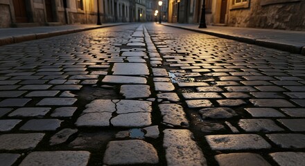 Cobblestone street at night with reflective wet pavement
