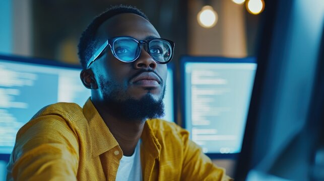 Focused African American Programmer Working on Code in a Modern Office Environment