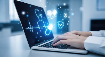 Healthcare professional using laptop with digital health icons representing telehealth and remote patient monitoring for enhanced patient care and data security in modern medicine