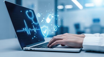 Healthcare Professional Using Laptop with Medical Icons for Telemedicine and Digital Health Solutions in Modern Clinic