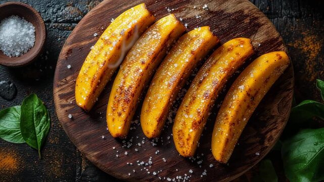 Slices of grilled plantains seasoned with salt on wooden board  