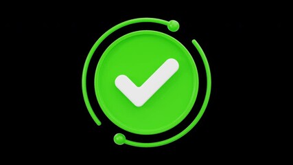3D Check Mark Icon with Rotating Circle Loop, Alpha Channel