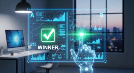 Innovative Technology and Success Concept Featuring Transparent Interface Displaying Data Visualization and Winner Confirmation with Robotic Hand Interaction in Modern Office Environment