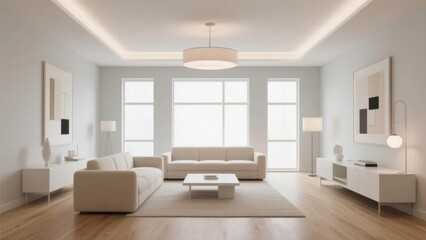 Fototapeta premium Modern Living Room with Neutral Tones and Large Windows
