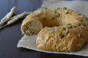 Freshly Baked Pumpkin Seed Bread Ring on Burlap