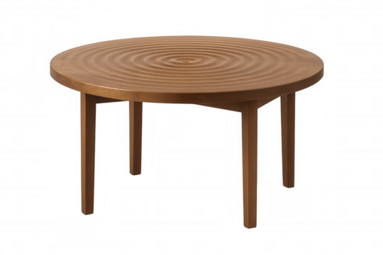 Modern round wooden table with concentric circles carved on its surface, isolated on transparent background, perfect for interior design projects