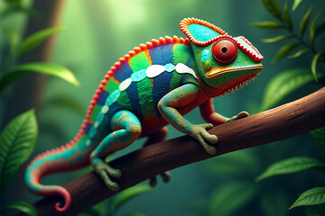 Obraz premium Eye-catching 3D illustration of a brightly colored chameleon clinging to a branch. Exotic wildlife art with vibrant hues and detailed textures.