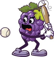 Cartoon mascot of grapes playing baseball