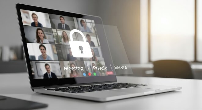 Laptop displaying a secure online meeting with multiple participants for remote work and digital communication solutions