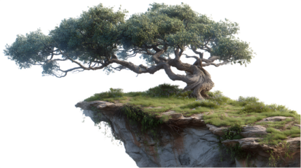Windswept coastal oak on cliff edge, isolated on transparent background
