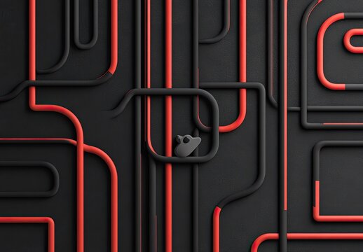 A minimalist design featuring interconnected black and red pipes