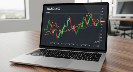 Laptop displaying stock market chart for financial analysis and investment decisions in a modern office environment for business planning and economic forecasting
