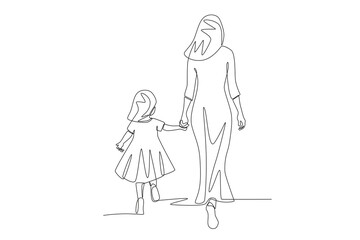 Mother holding her daughter's hand. Mother and daughter concept one-line drawing